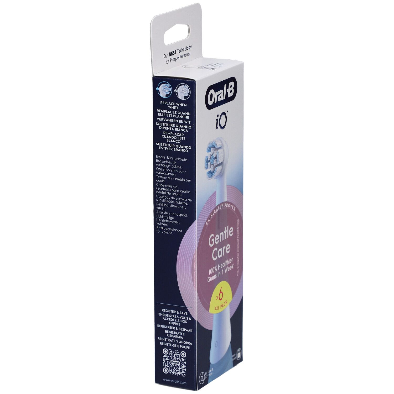 Oral-B iO Gentle Care 6er XXL Pack. Verpackung, Seitenansicht. Text: Gentle Care, 100% gesünderes Zahnfleisch in 1 Woche. QR-Code und weitere Texte.