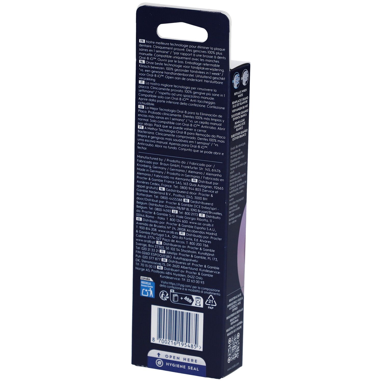 Rückseite der Oral-B iO Gentle Care 6er XXL Pack Nachfüllpackungen. Texte in verschiedenen Sprachen, Barcode, Recycling-Symbole.