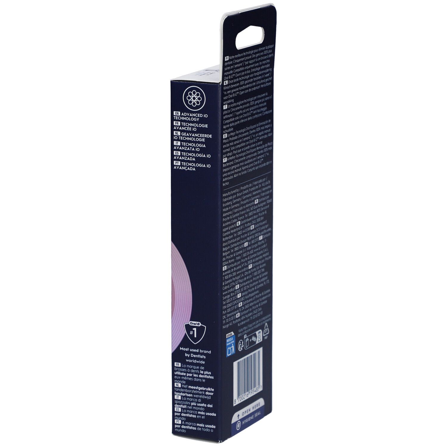 Seite der Oral-B iO Gentle Care 6er XXL Pack Nachfüllpackungen. Texte in verschiedenen Sprachen, Recycling-Symbole, Barcode.