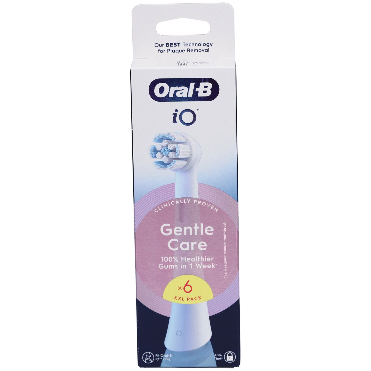 Oral-B iO Gentle Care 6er XXL Pack Nachfüllpackungen. Verpackung mit Zahnbürstenkopf. Text: Gentle Care, 100% gesünderes Zahnfleisch in 1 Woche.