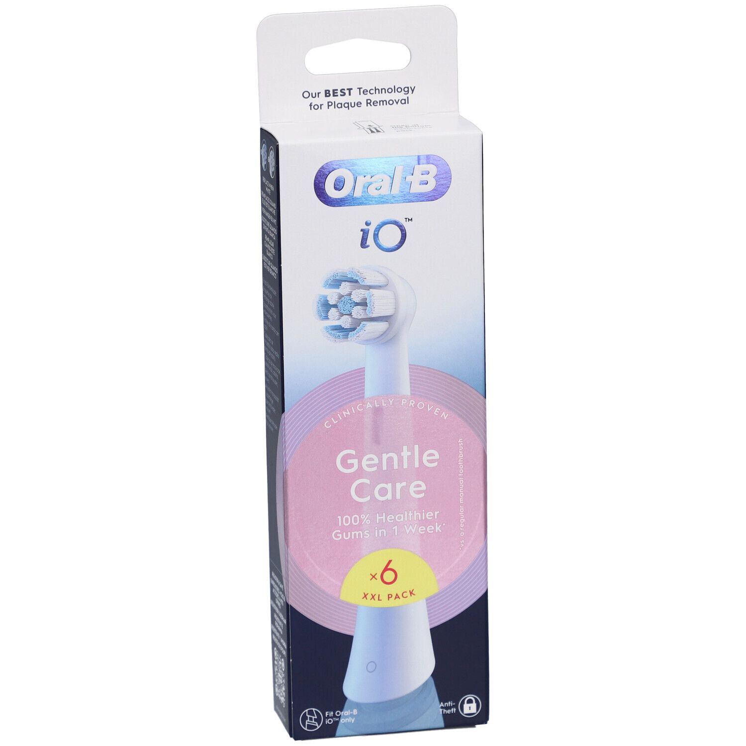 Oral-B iO Gentle Care 6er XXL Pack Nachfüllpackungen. Verpackung mit Zahnbürstenkopf. Text: Gentle Care, 100% gesünderes Zahnfleisch in 1 Woche.