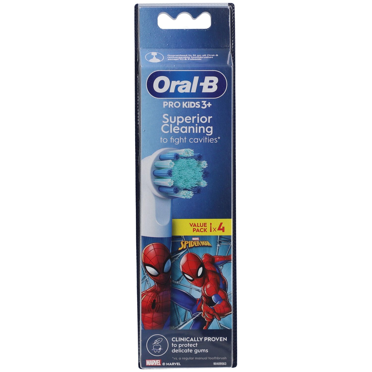 Recharges Oral-B Pro Kids 3+. Emballage avec Spiderman. Contient quatre têtes de brosse. Logo Oral-B et nom du produit visibles.