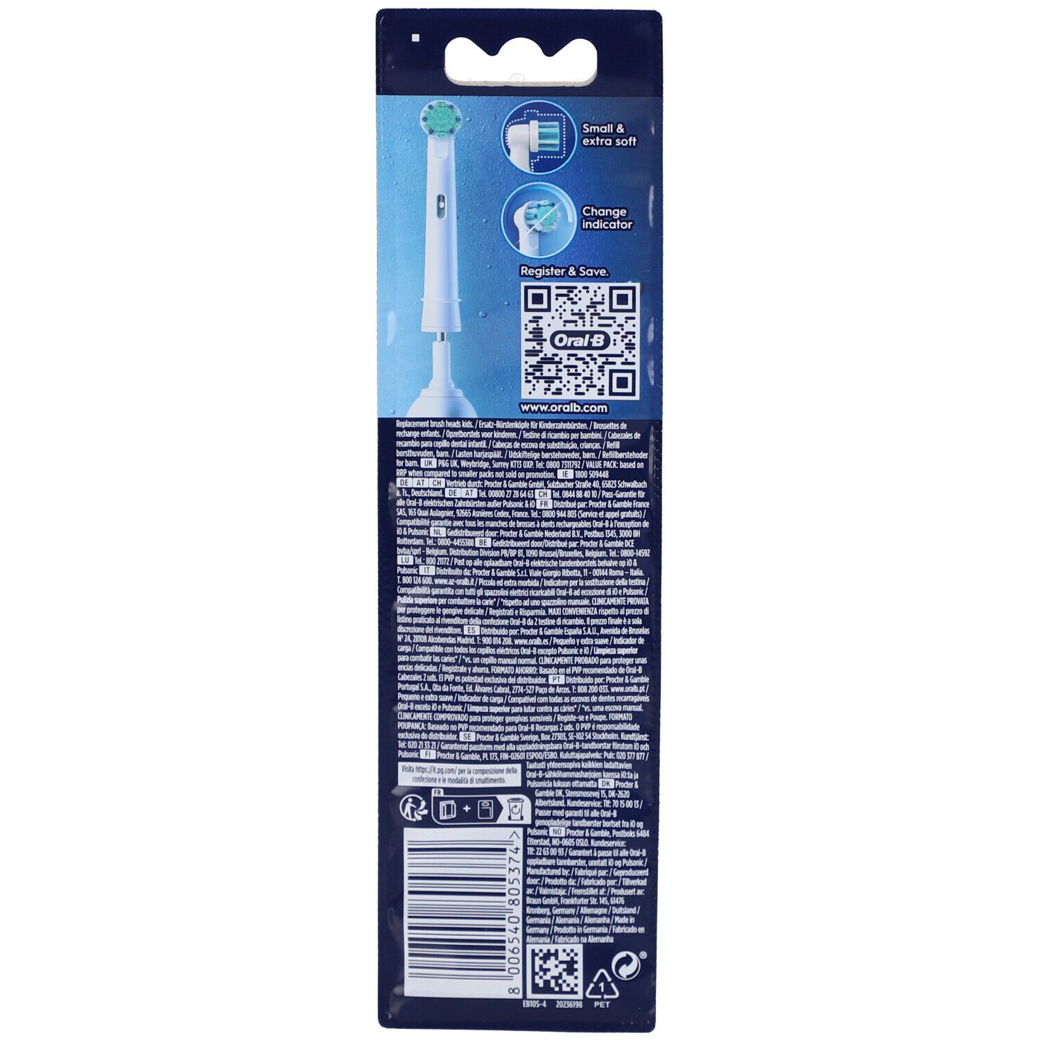 Dos de l'emballage des recharges Oral-B Pro Kids 3+. Informations et code QR. Contient des informations sur les têtes de brosse.