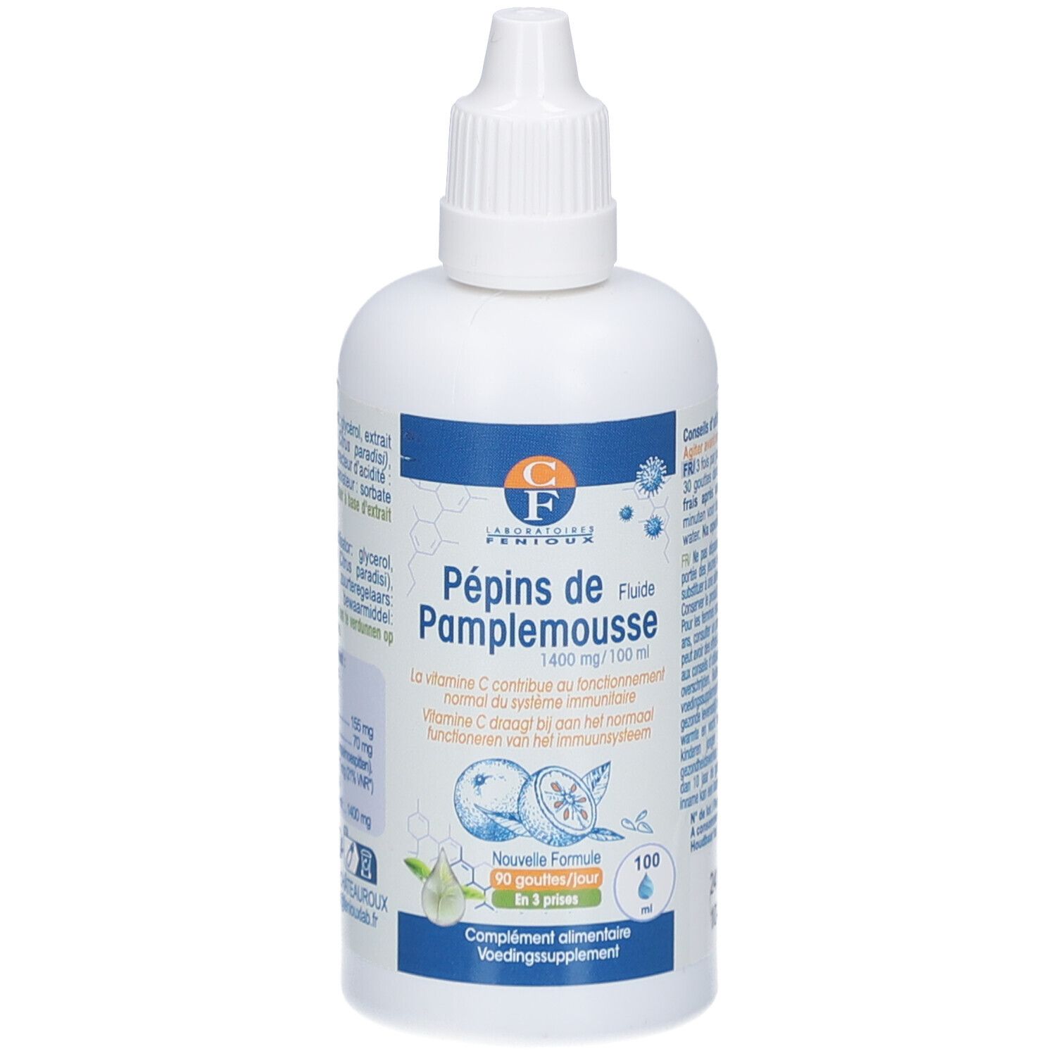 Weiße Flasche mit Dosierkappe. Aufschrift: Pépins de Pamplemousse, 1400 mg/100 ml. Blaue und weiße Etiketten mit Produktinformationen.
