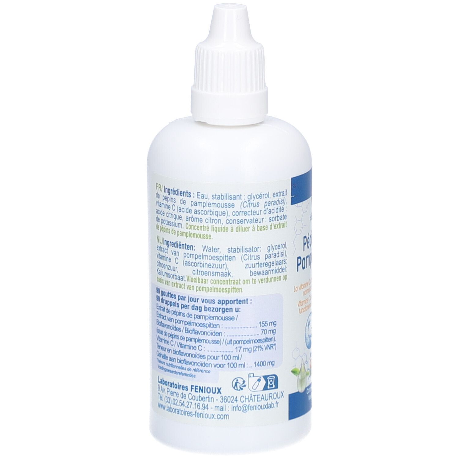 Rückseite der weißen Flasche. Enthält Informationen zu Inhaltsstoffen und Dosierung. Laboratoires Fenioux-Logo und Kontaktdaten.