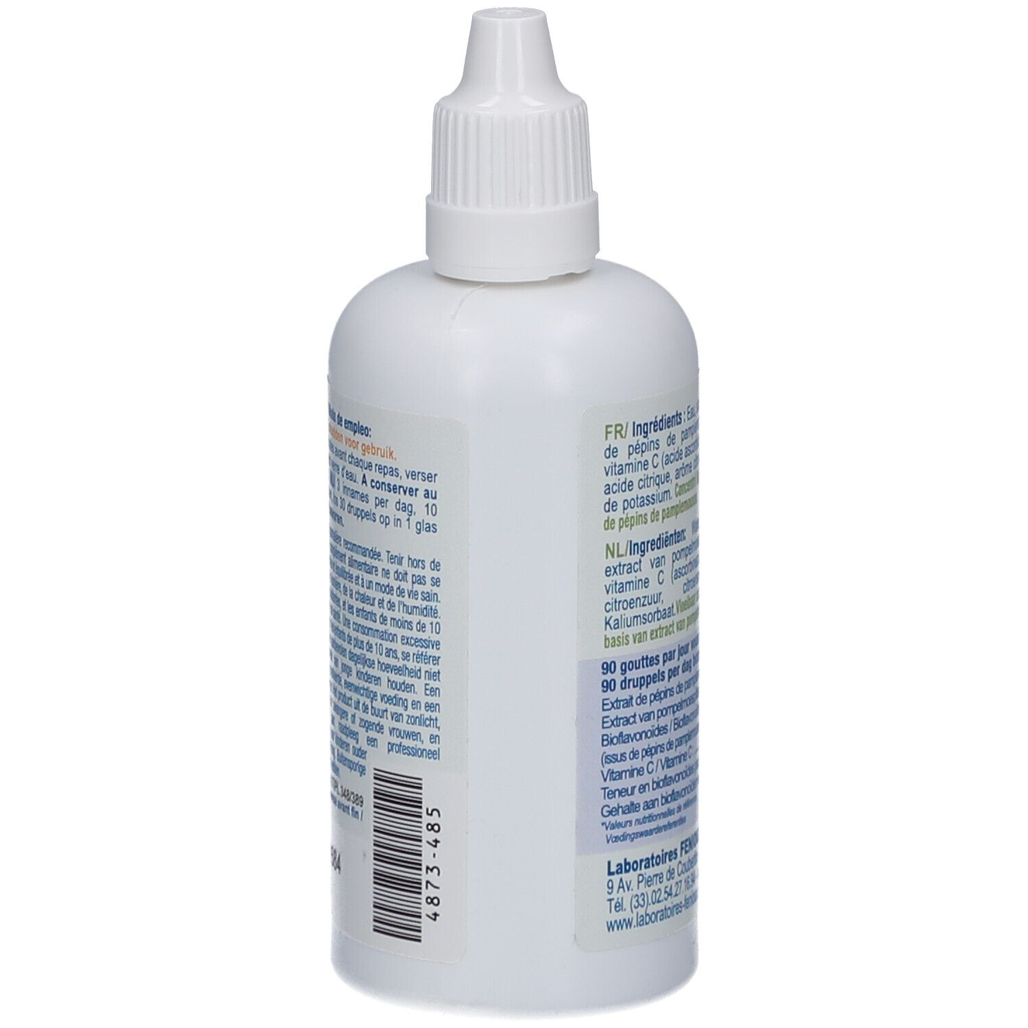 Seitenansicht der weißen Flasche. Enthält Informationen zur Anwendung und Warnhinweise. Laboratoires Fenioux-Logo.