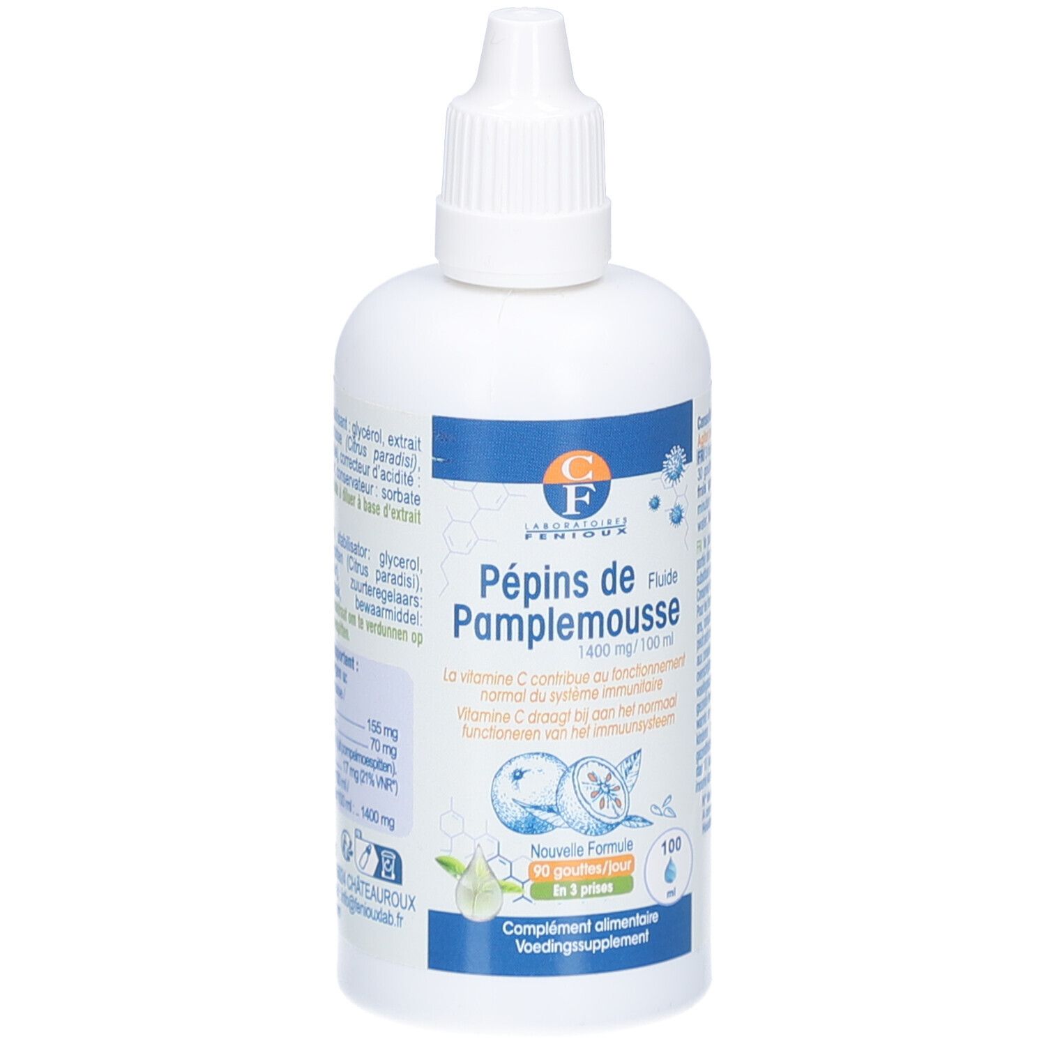 Weiße Flasche mit Dosierkappe. Aufschrift: Pépins de Pamplemousse, 1400 mg/100 ml. Blaue und weiße Etiketten mit Produktinformationen.