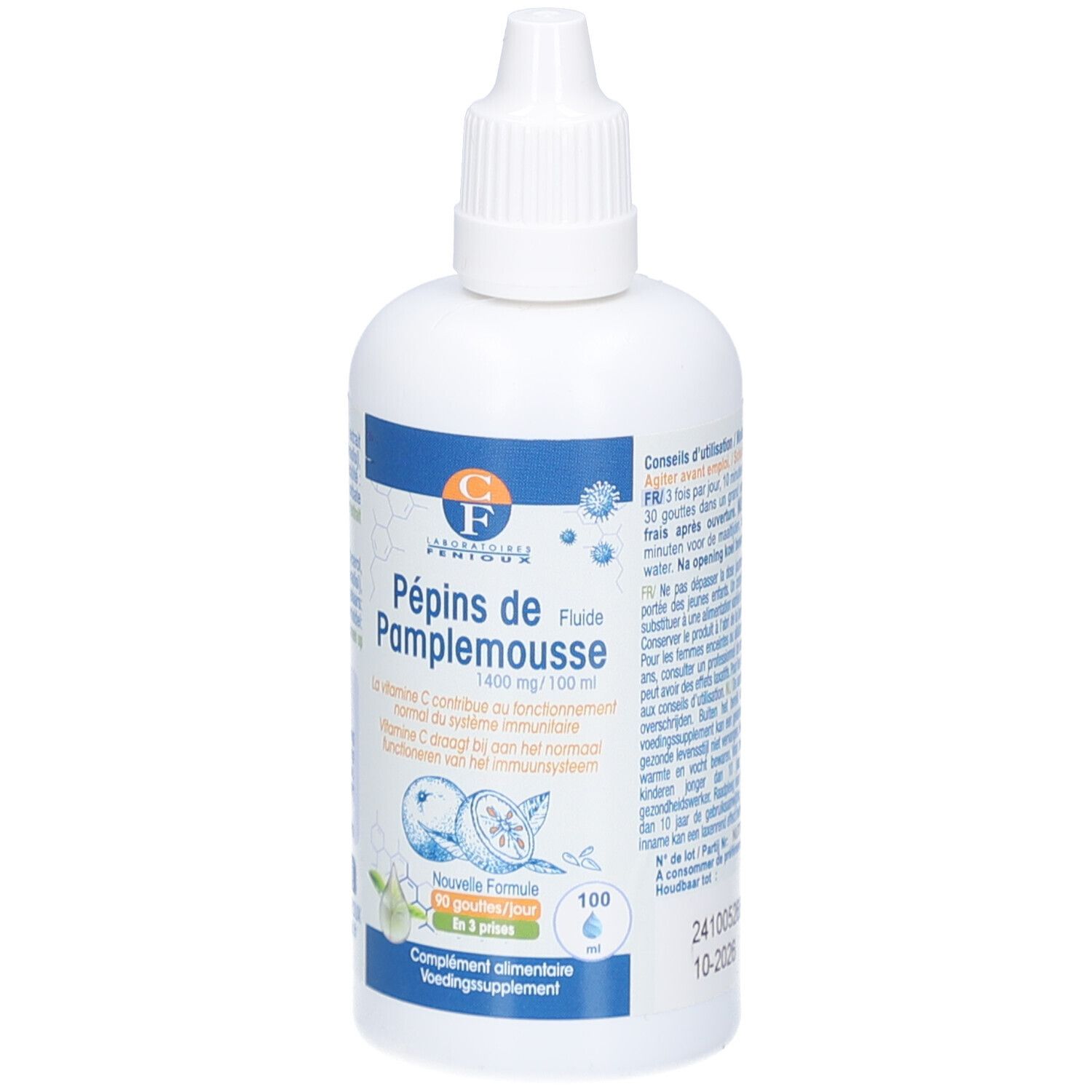 Weiße Flasche mit Dosierkappe. Aufschrift: Pépins de Pamplemousse, 1400 mg/100 ml. Blaue und weiße Etiketten mit Produktinformationen.
