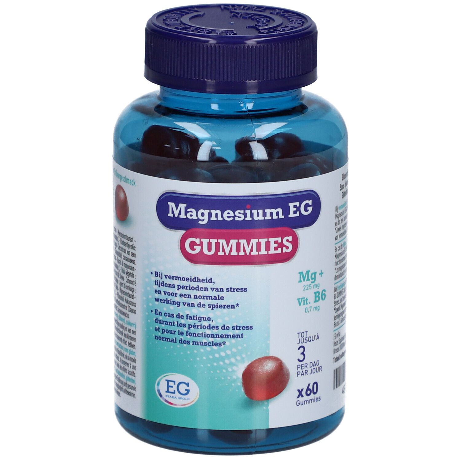 Blaue Flasche mit Magnesium EG GUMMIES. Rote Gummibärchen sichtbar. Aufschrift: Magnesium EG GUMMIES.