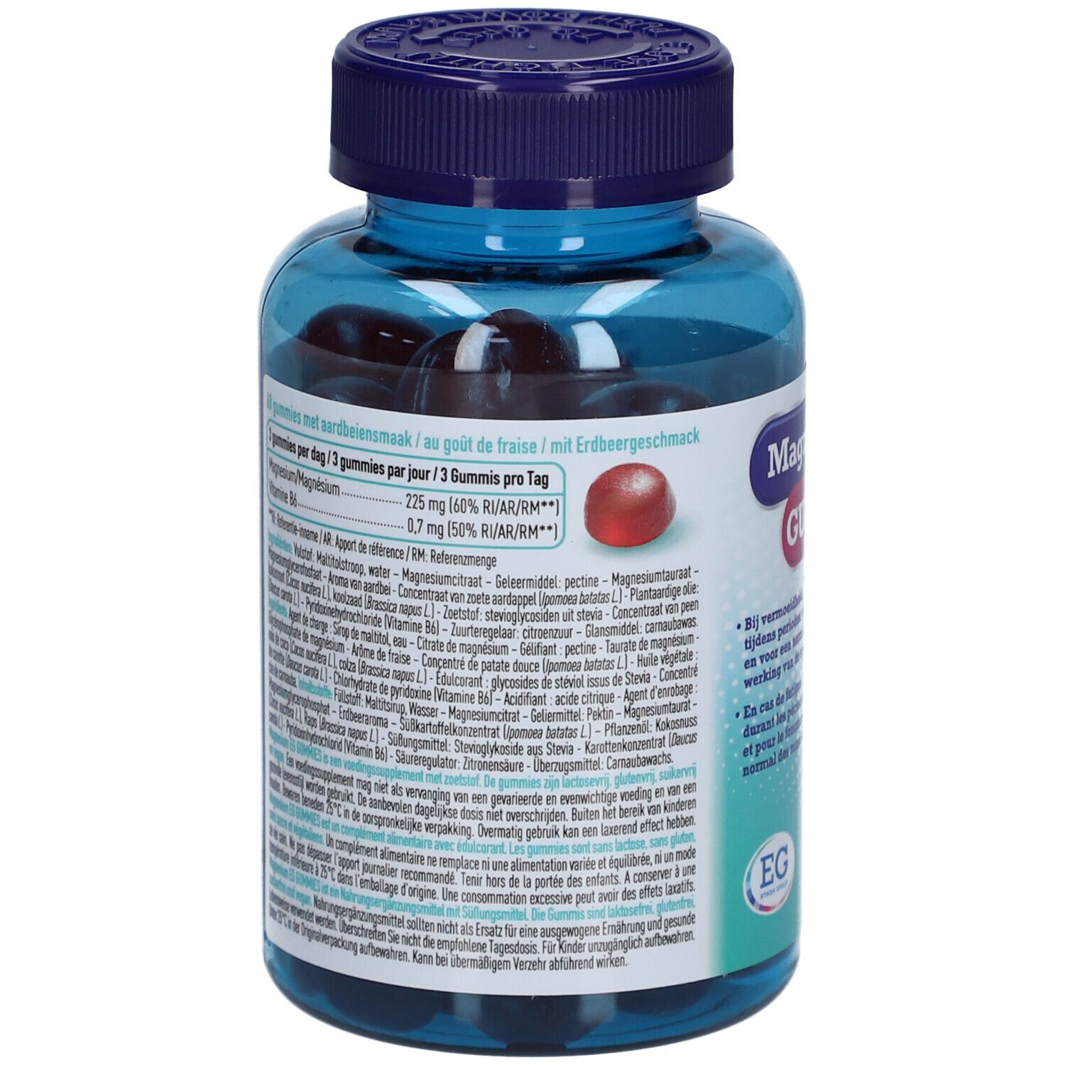 Rückseite der Flasche Magnesium EG GUMMIES. Text in mehreren Sprachen. Zutatenliste und Nährwertangaben.