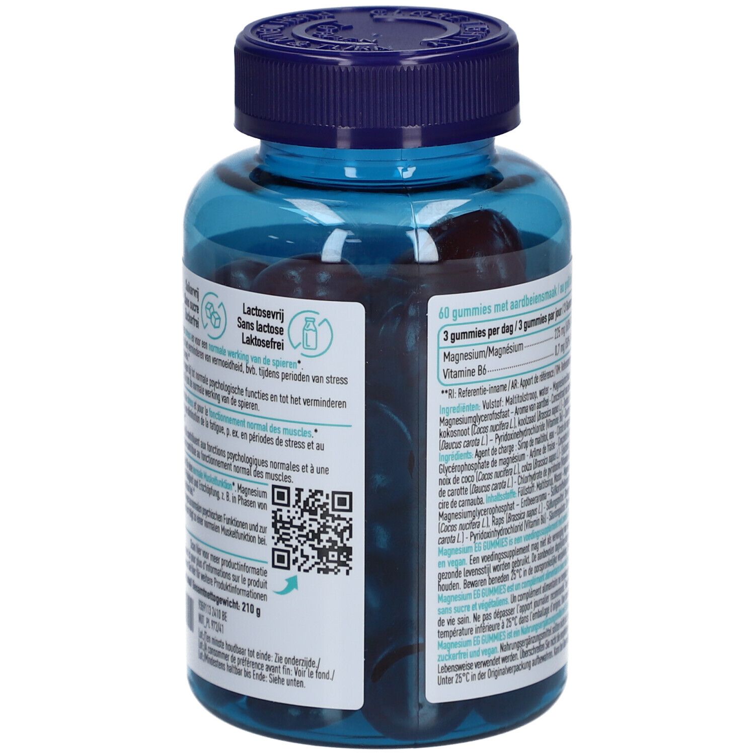 Rückseite der Flasche Magnesium EG GUMMIES. Text in mehreren Sprachen. QR-Code und Nährwertangaben.