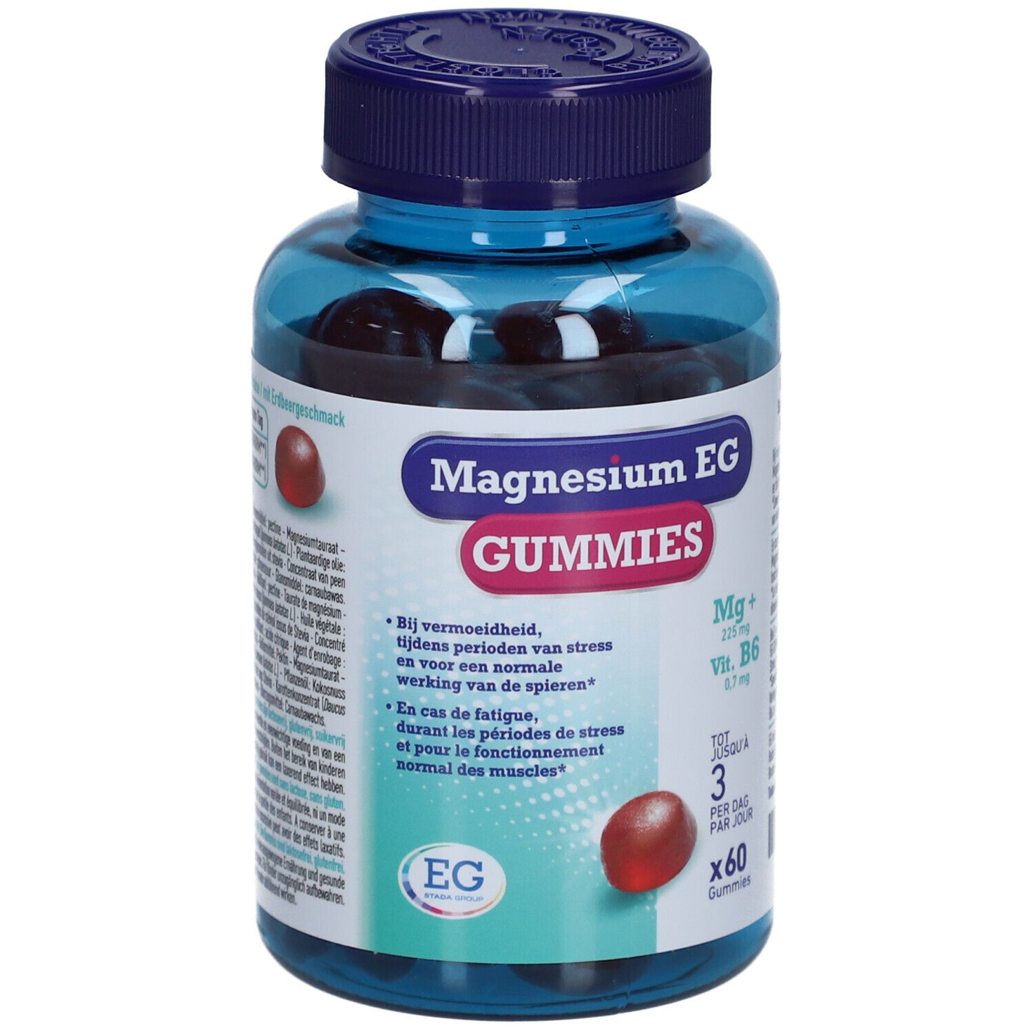 Blaue Flasche mit Magnesium EG GUMMIES. Rote Gummibärchen sichtbar. Aufschrift: Magnesium EG GUMMIES.