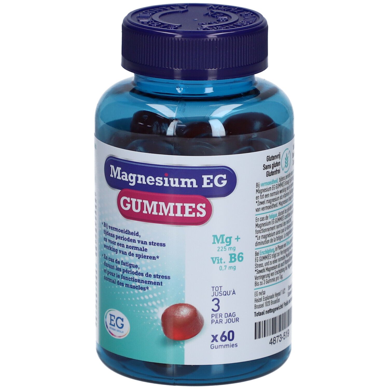 Blaue Flasche Magnesium EG GUMMIES. Aufschrift: Magnesium EG GUMMIES. Rote Gummibärchen sichtbar.