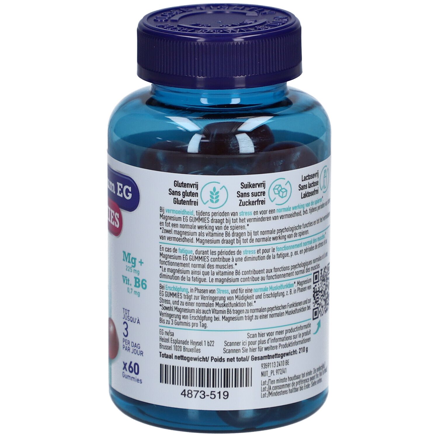 Rückseite der Flasche Magnesium EG GUMMIES. Text in mehreren Sprachen. Glutenfrei, zuckerfrei, laktosefrei.