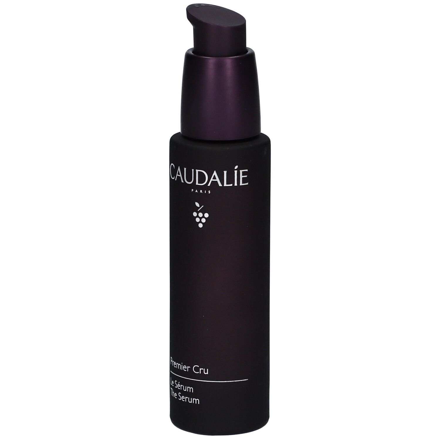 Dunkelviolette Flasche mit Pumpe. Caudalie-Logo und Produktbezeichnung Premier Cru Serum.