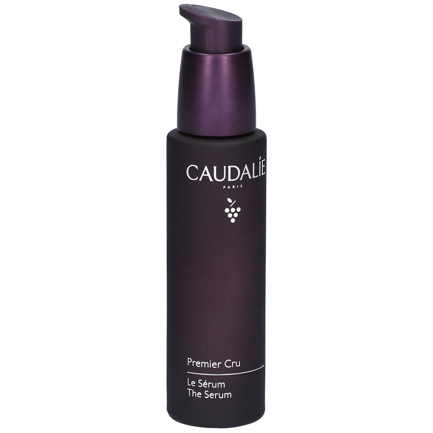 Dunkelviolette Flasche mit Pumpe. Caudalie-Logo und Produktbezeichnung Premier Cru Serum.