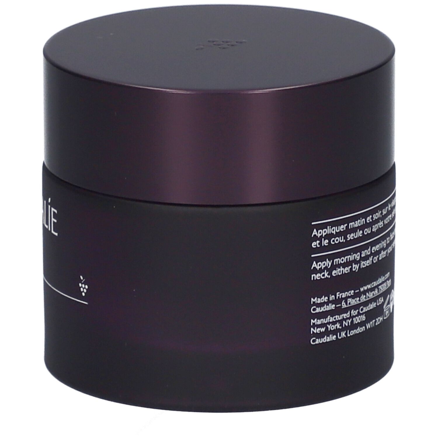 Dunkelviolettes Tiegel mit Deckel. Aufschrift: Caudalie und Traube.