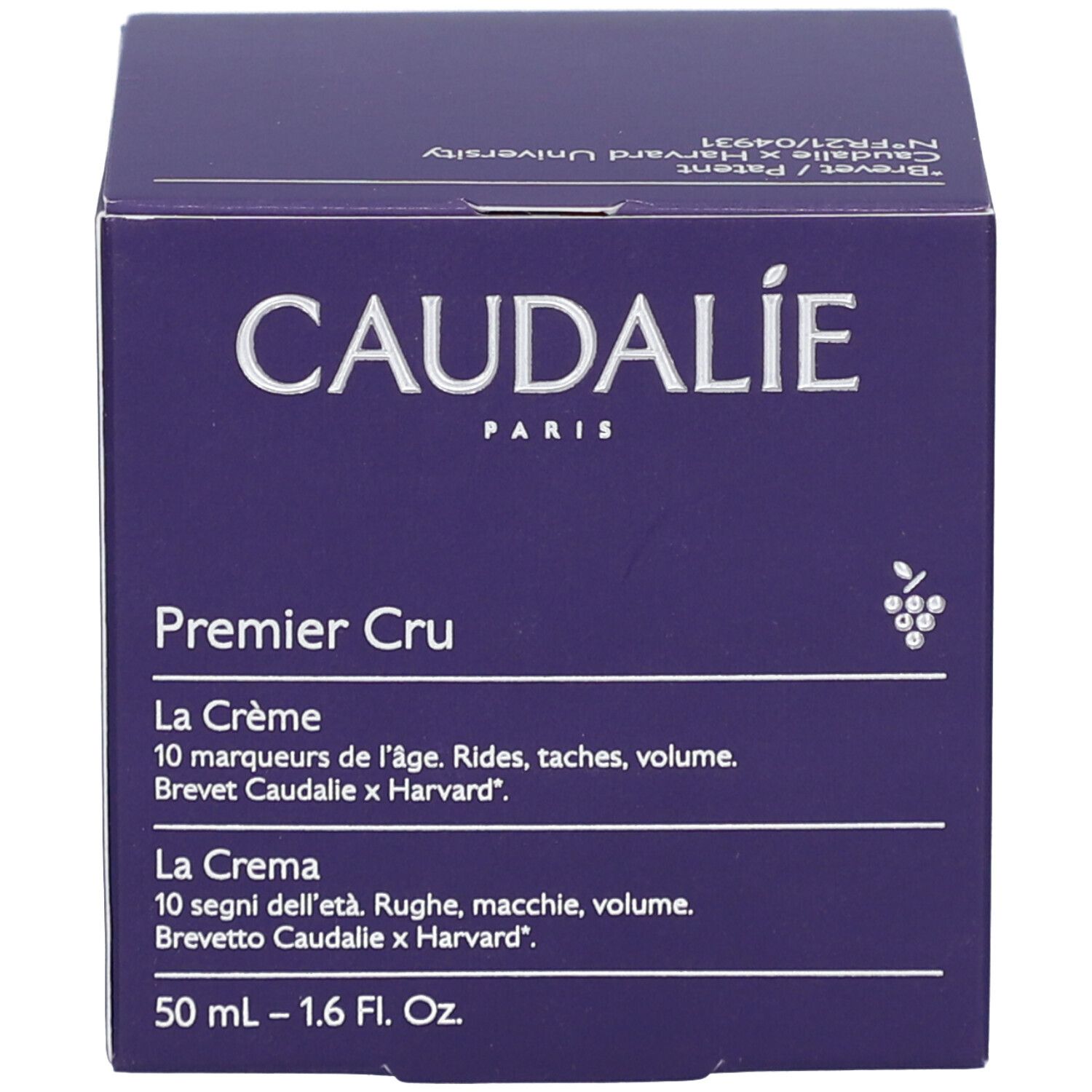 Dunkelviolette Schachtel. Aufschrift: Caudalie Premier Cru La Crème.