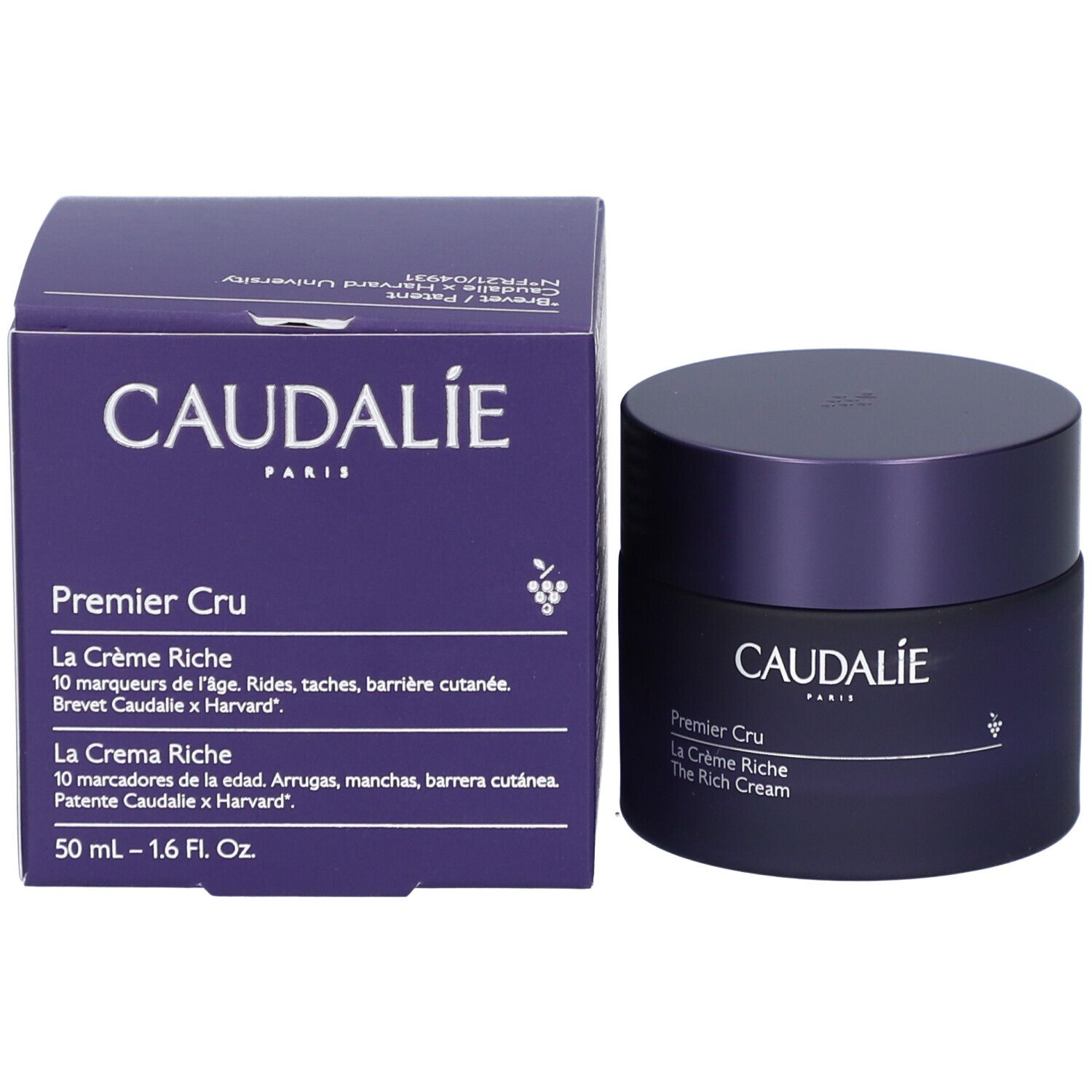 Dunkelblaue Creme-Dose und Karton. Aufschrift: Caudalie, Premier Cru, La Crème Riche. 50 ml.