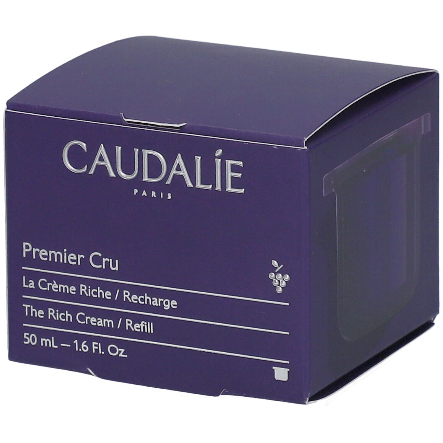 Dunkelviolette Kartonverpackung. Aufschrift: Caudalie, Premier Cru, La Crème Riche / Recharge, The Rich Cream / Refill. 50 ml - 1.6 Fl. Oz.