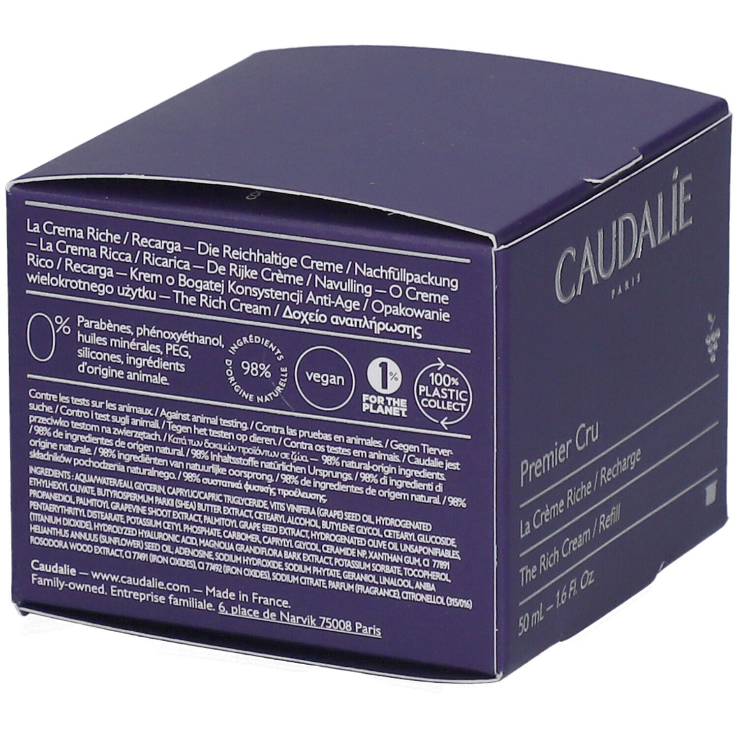 Rückseite der dunkelvioletten Kartonverpackung. Text: Inhaltsstoffe, 0% Parabene, Phenoxyethanol, Mineralöle, PEG, Silikone, Inhaltsstoffe natürlichen Ursprungs.