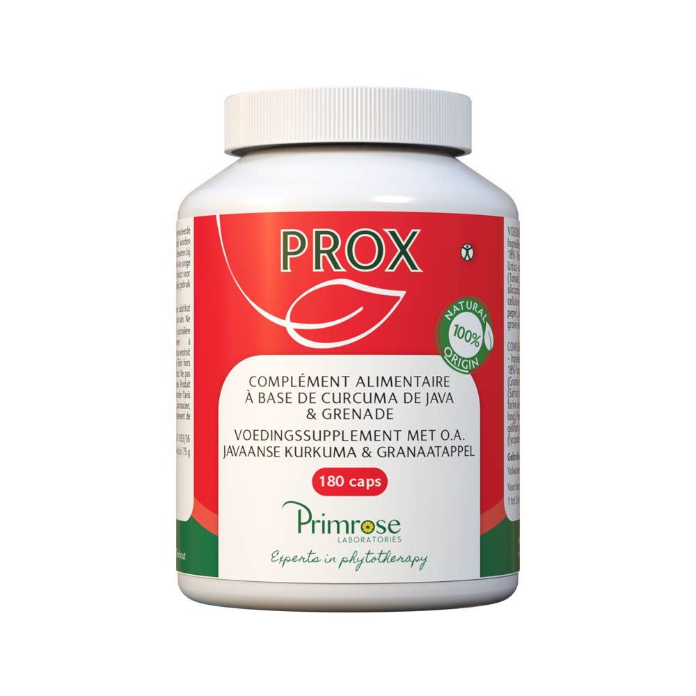 Flacon blanc avec étiquette rouge. Inscription: PROX, complément alimentaire à base de curcuma et grenade. 180 gélules.