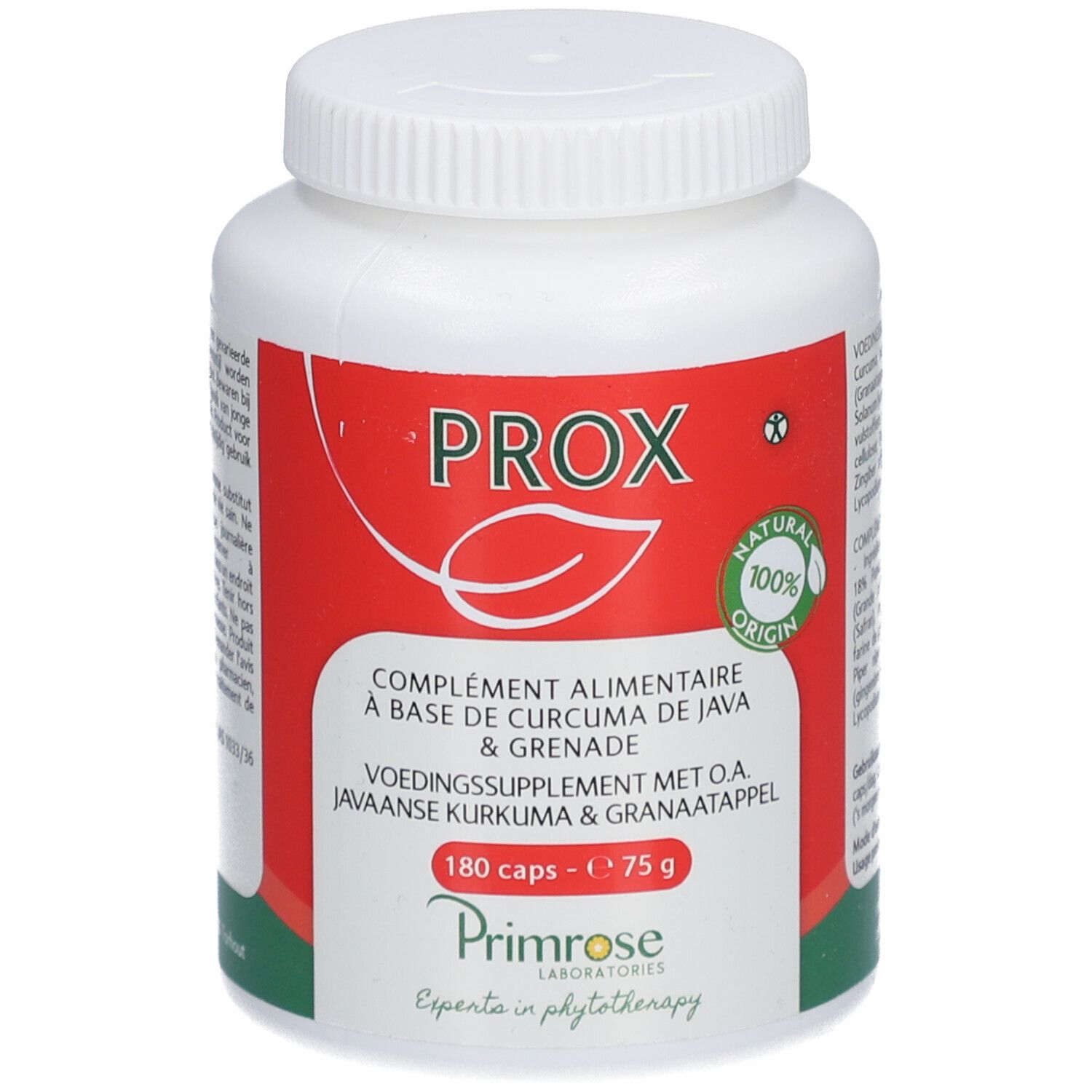 Weißes Pillenbehälter mit rotem Etikett. Aufschrift: PROX, Nahrungsergänzungsmittel mit Kurkuma und Granatapfel. 180 Kapseln.