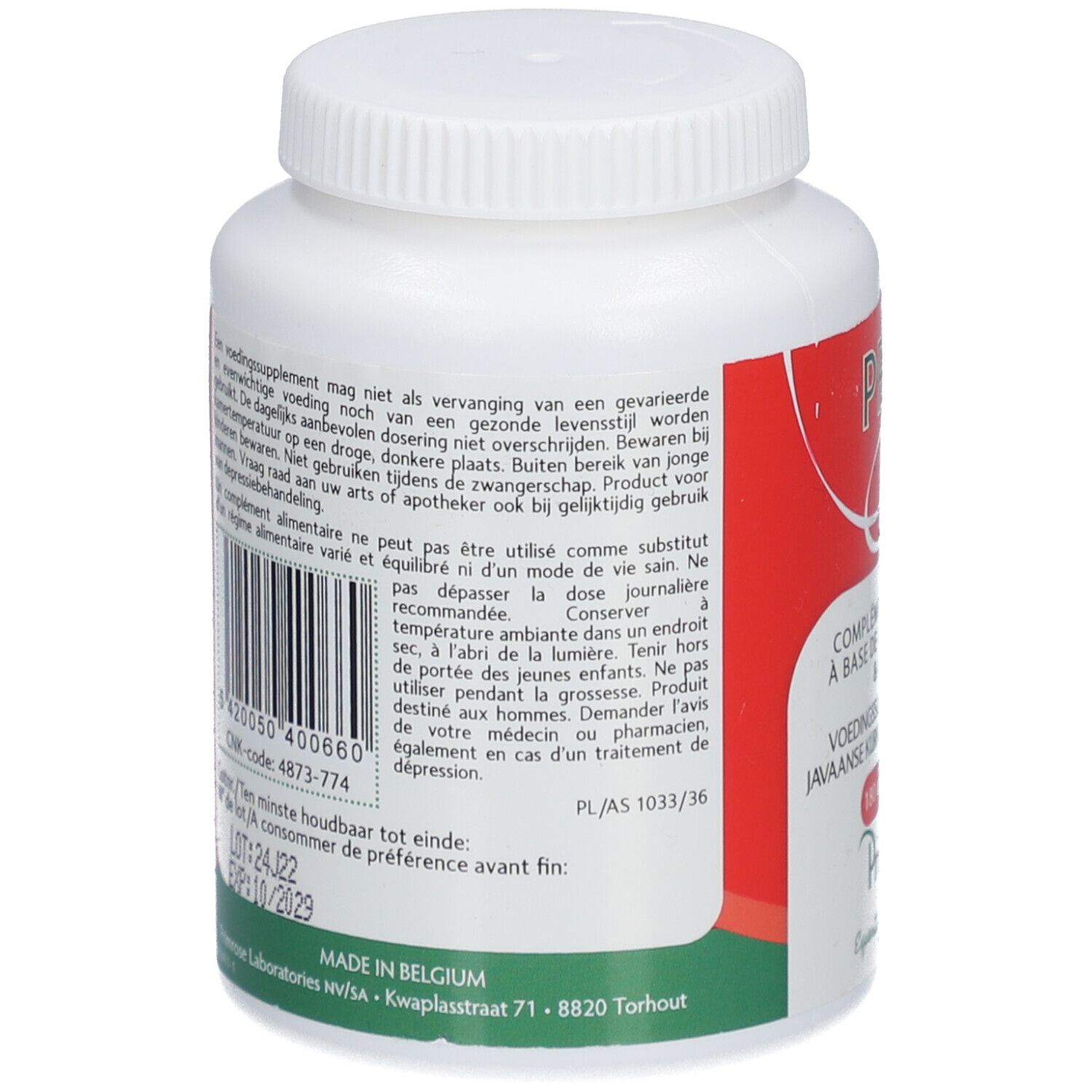 Rückseite einer weißen Pillendose mit rotem Etikett. Textinformationen, Barcode und Mindesthaltbarkeitsdatum. Hergestellt in Belgien.