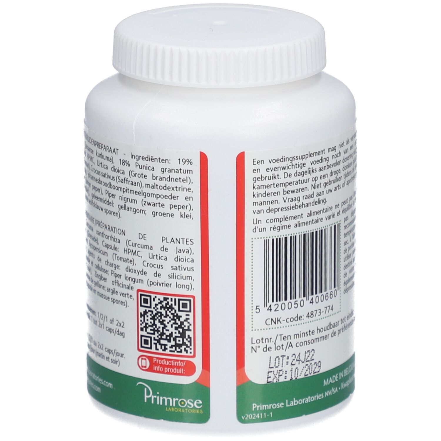 Rückseite einer weißen Pillendose mit rotem Etikett. Zutatenliste, QR-Code und Mindesthaltbarkeitsdatum. Hergestellt in Belgien.