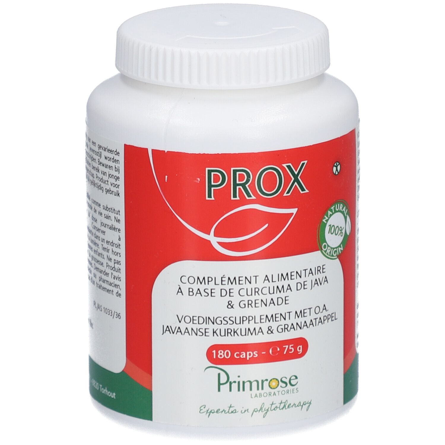Weißes Pillenbehälter mit rotem Etikett. Aufschrift: PROX, Nahrungsergänzungsmittel mit Kurkuma und Granatapfel. 180 Kapseln.