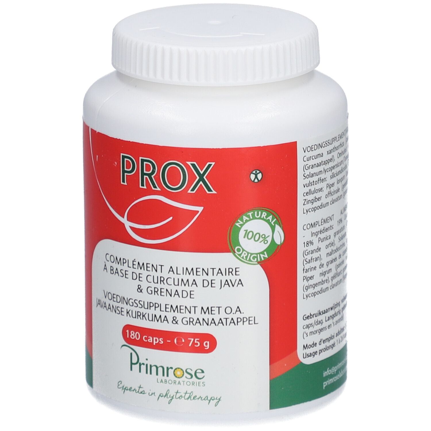 Weißes Pillenbehälter mit rotem Etikett. Aufschrift: PROX, Nahrungsergänzungsmittel mit Kurkuma und Granatapfel. 180 Kapseln.