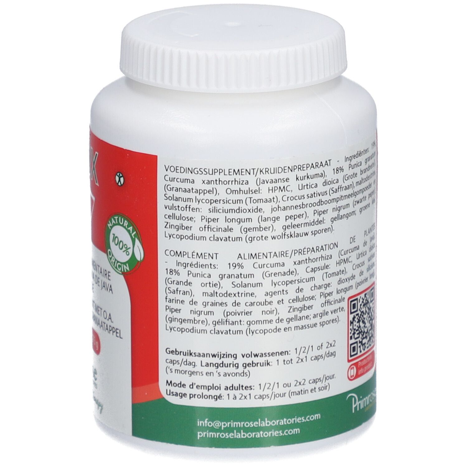 Rückseite einer weißen Pillendose mit rotem Etikett. Zutatenliste, QR-Code und Mindesthaltbarkeitsdatum. Hergestellt in Belgien.