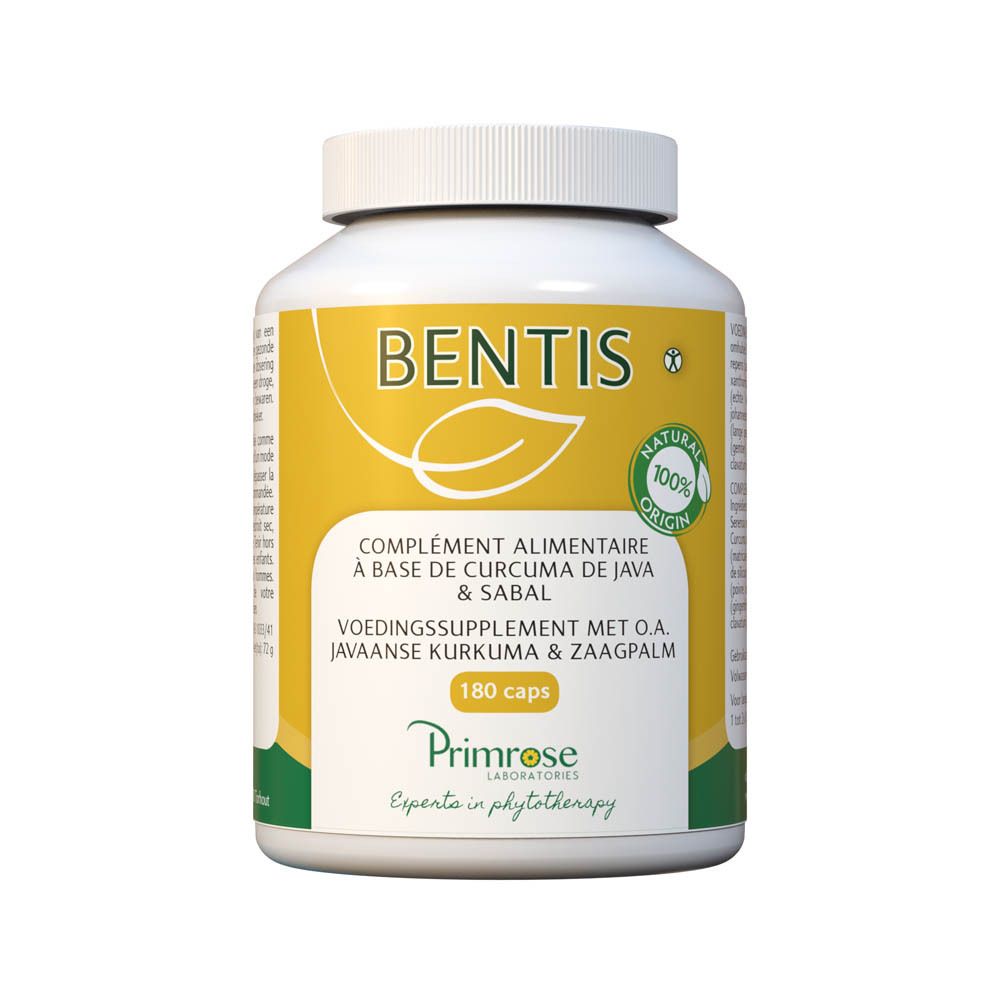 Complément alimentaire en flacon blanc avec étiquette jaune. Inscription: BENTIS, 180 capsules, Natural Origin.
