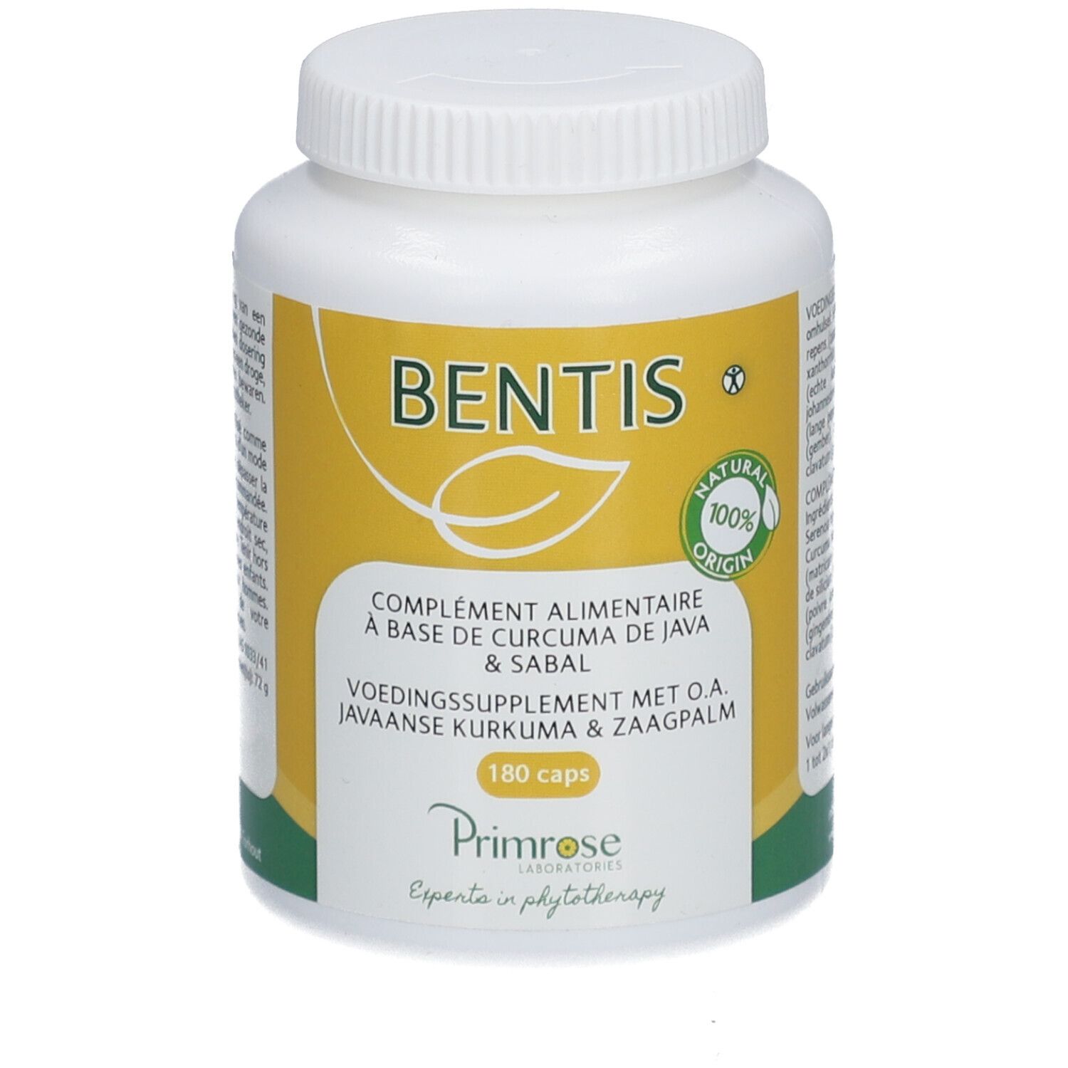 Ergänzungspräparat in einer weißen Flasche mit gelbem Etikett. Aufschrift: BENTIS, 180 Kapseln, Natural Origin.