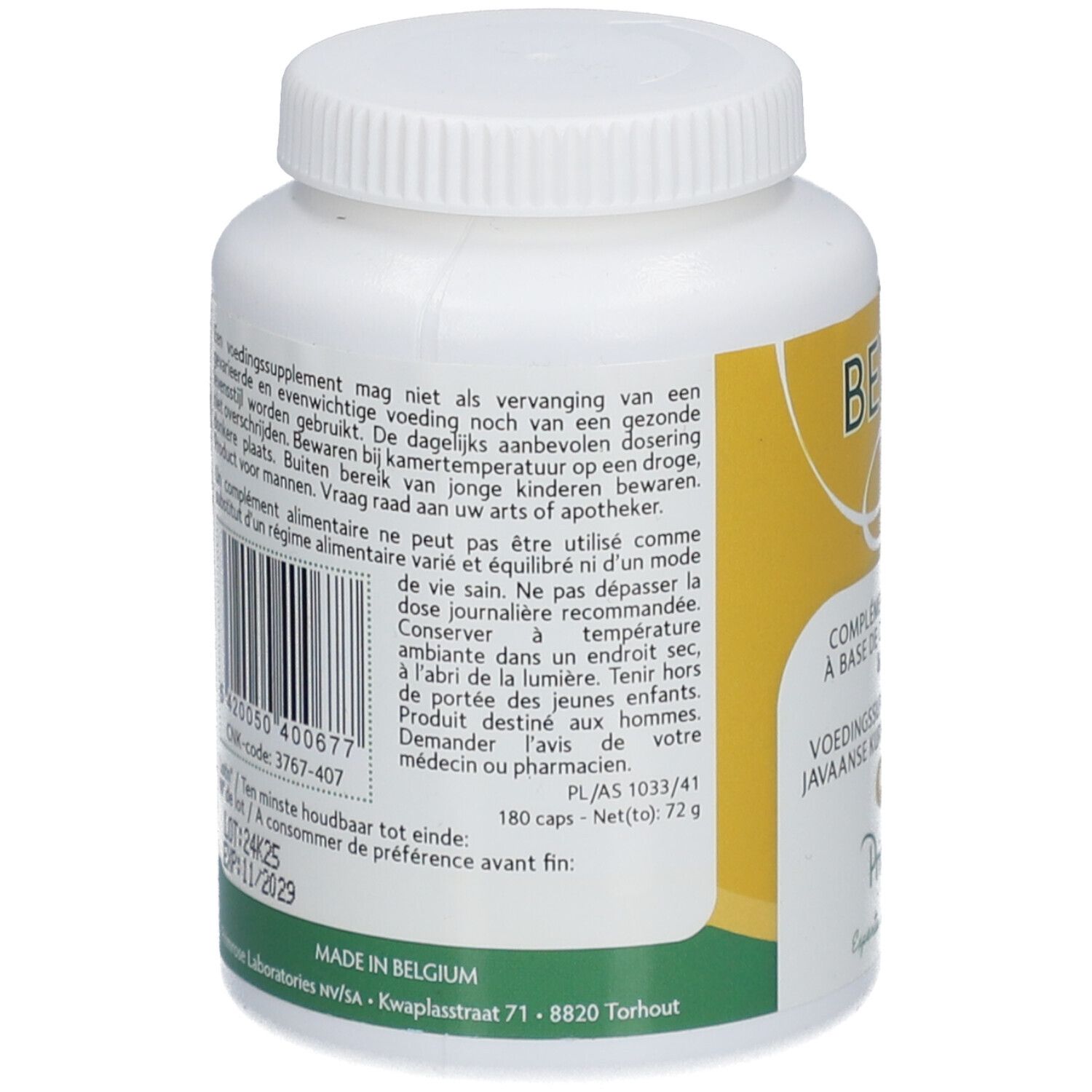 Rückseite der weißen Flasche mit gelbem Etikett. Text: Inhaltsstoffe, Chargennummer, Verfallsdatum, Hersteller.