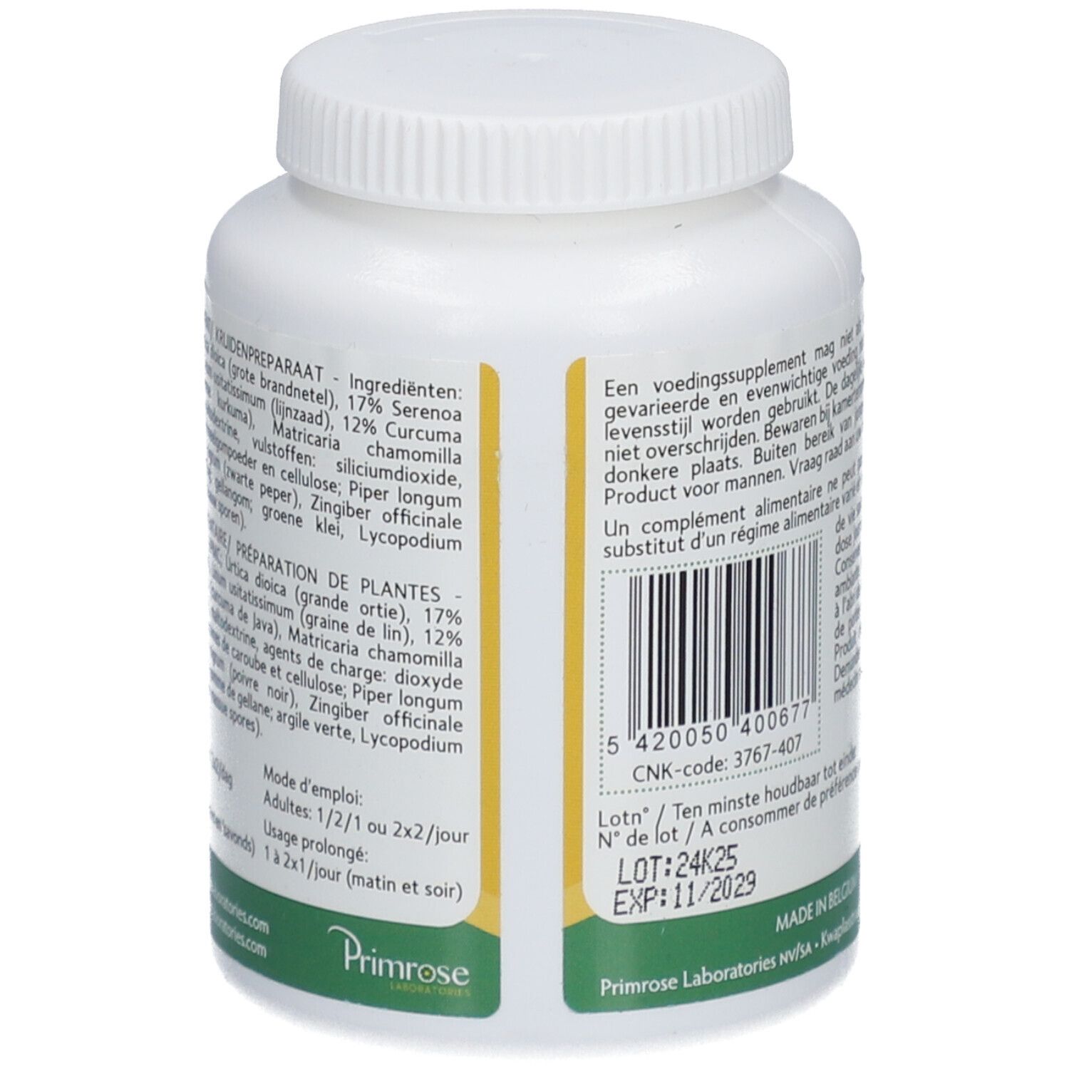 Rückseite der weißen Flasche mit gelbem Etikett. Text: Inhaltsstoffe, Chargennummer, Verfallsdatum, Hersteller.