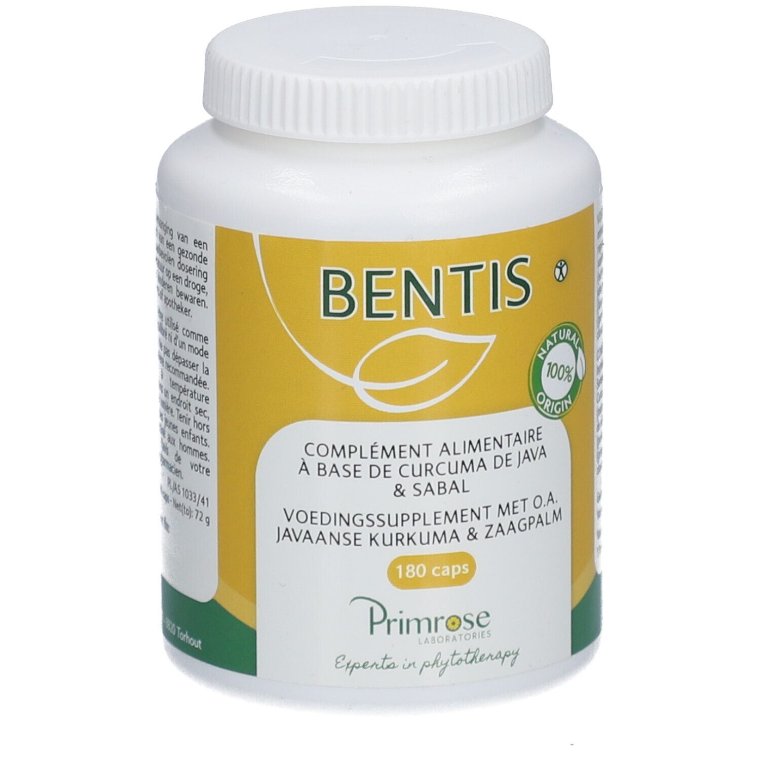 Ergänzungspräparat in einer weißen Flasche mit gelbem Etikett. Aufschrift: BENTIS, 180 Kapseln, Natural Origin.