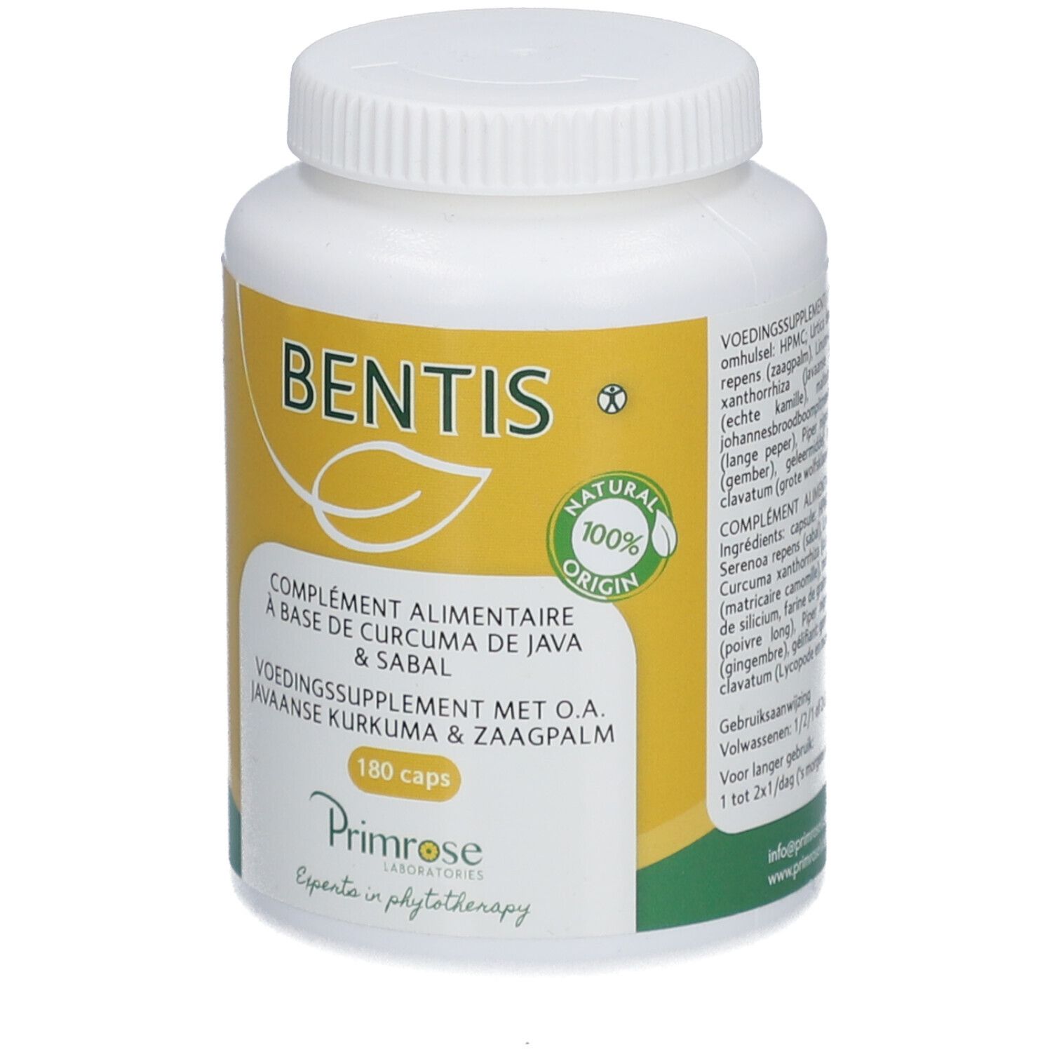 Ergänzungspräparat in einer weißen Flasche mit gelbem Etikett. Aufschrift: BENTIS, 180 Kapseln, Natural Origin.