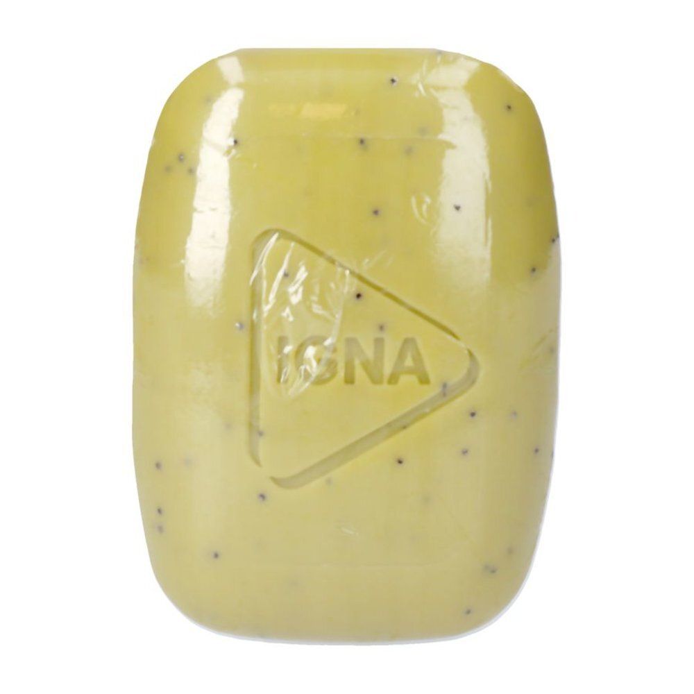 Savon jaune avec points noirs, emballé. Triangle en relief avec le mot IGNA.