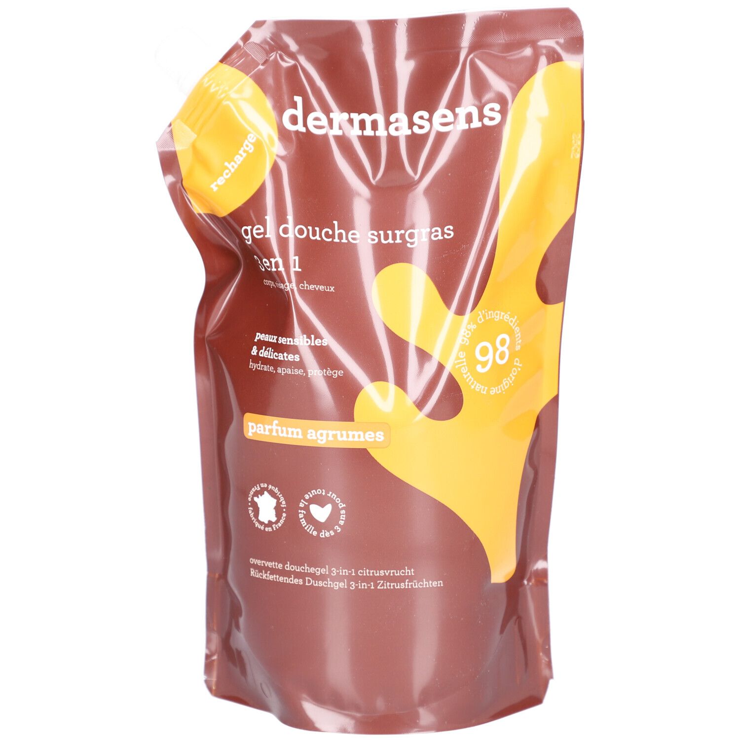 Recharge marron avec design jaune. Texte: "dermasens", "gel douche surgras", "parfum agrumes".