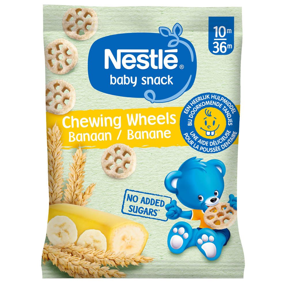 Paquet de Nestlé Baby Snack Chewing Wheels Banane. Représentation de roues, banane, épi de blé et ours bleu.