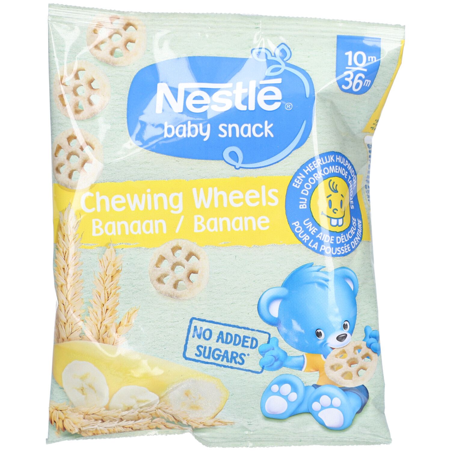 Verpackung mit Nestlé Baby Snack Chewing Wheels Banane. Abbildung von Rädern, Banane, Weizenähre und blauem Bären.