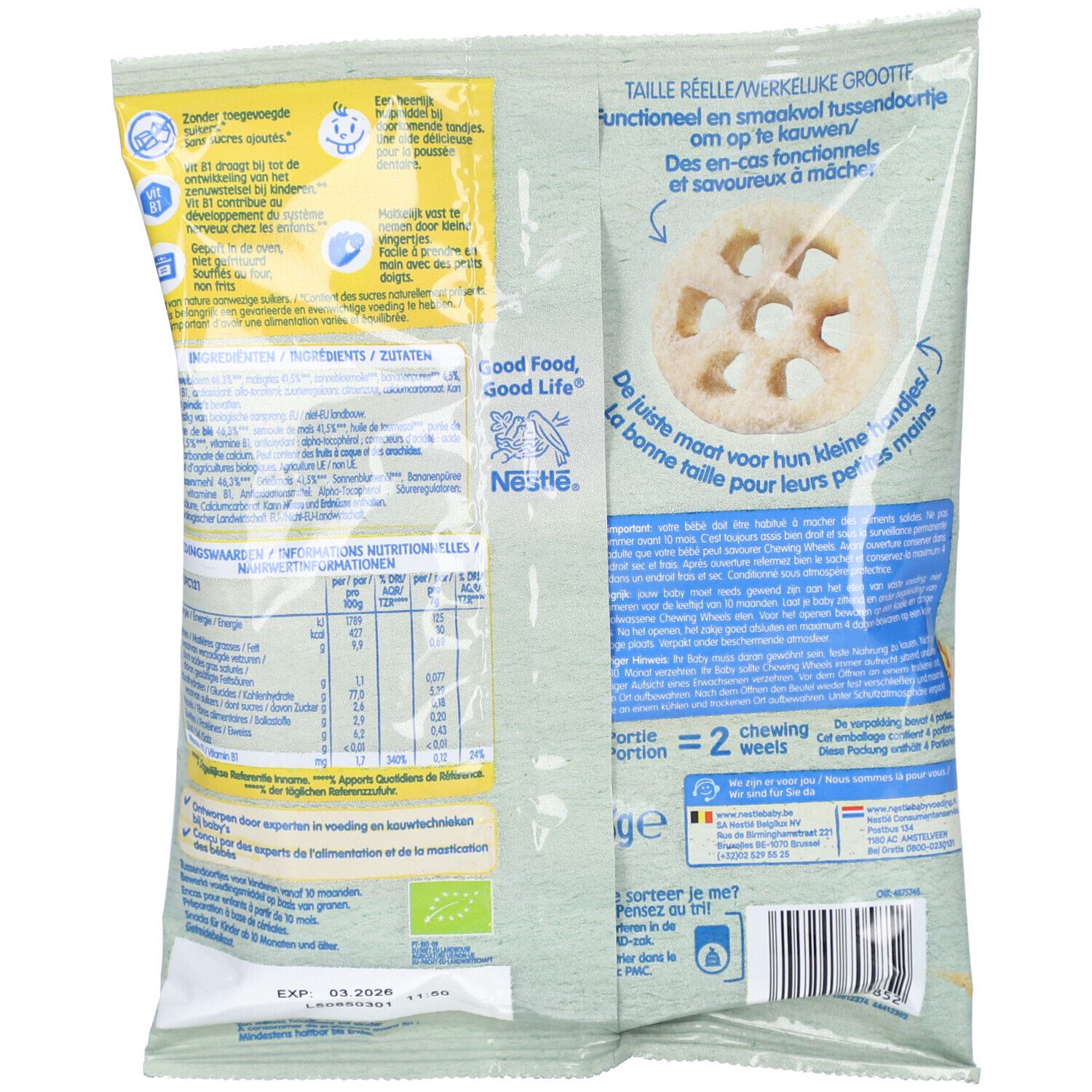 Rückseite der Verpackung von Nestlé Baby Snack Chewing Wheels Banane. Informationen zu Inhaltsstoffen und Nährwerten.