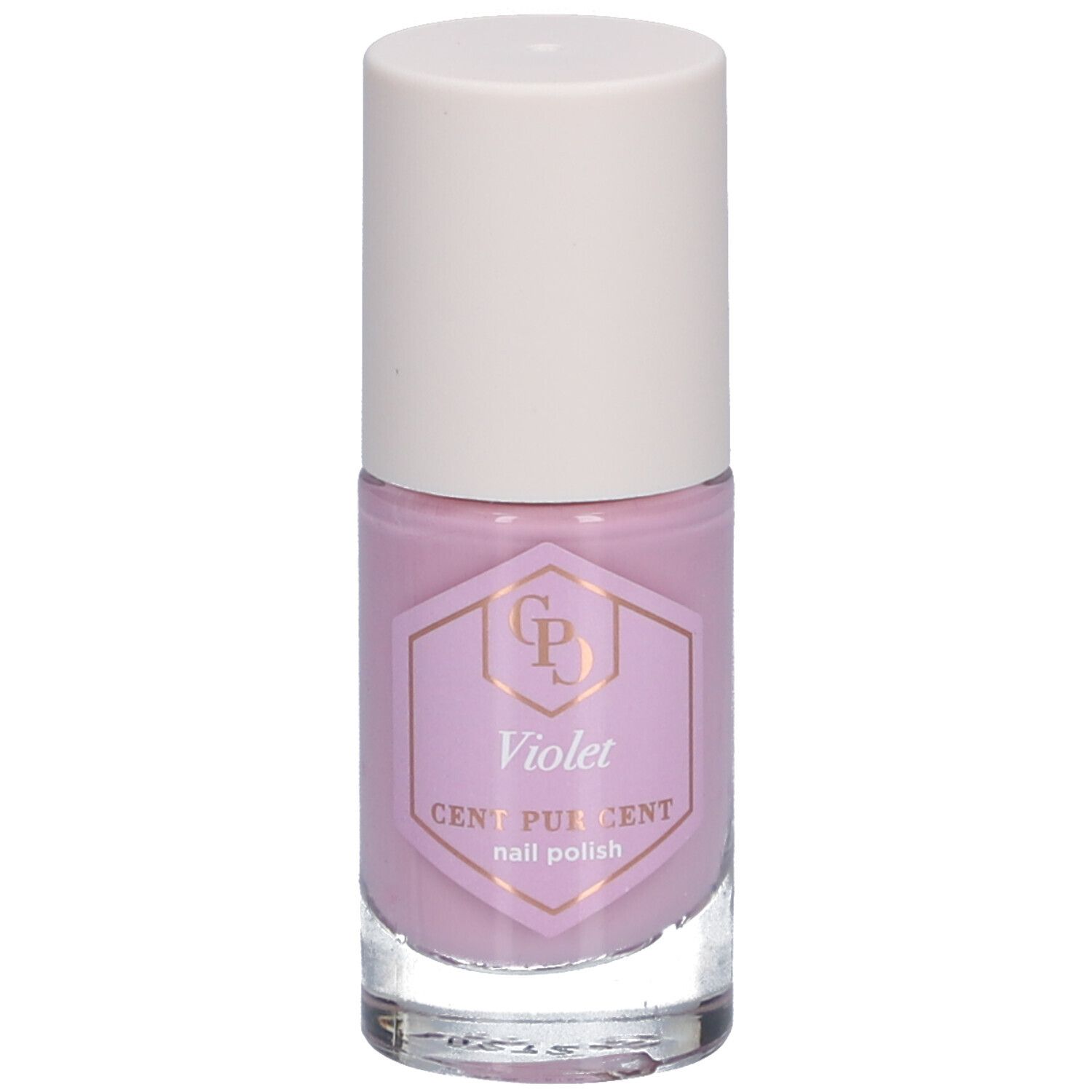 Nagellackflasche, violett. Weißer Deckel, durchsichtige Glasflasche. Aufkleber mit Schriftzug: Violett, Cent Pur Cent, Nagellack.