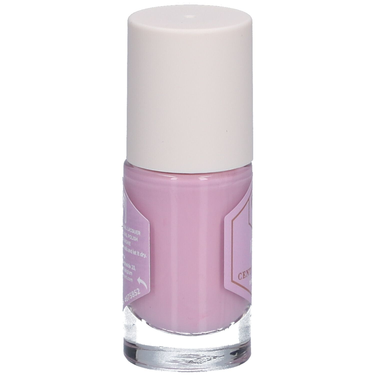 Nagellackflasche, violett. Weißer Deckel, durchsichtige Glasflasche. Etikett mit Text und Logo.