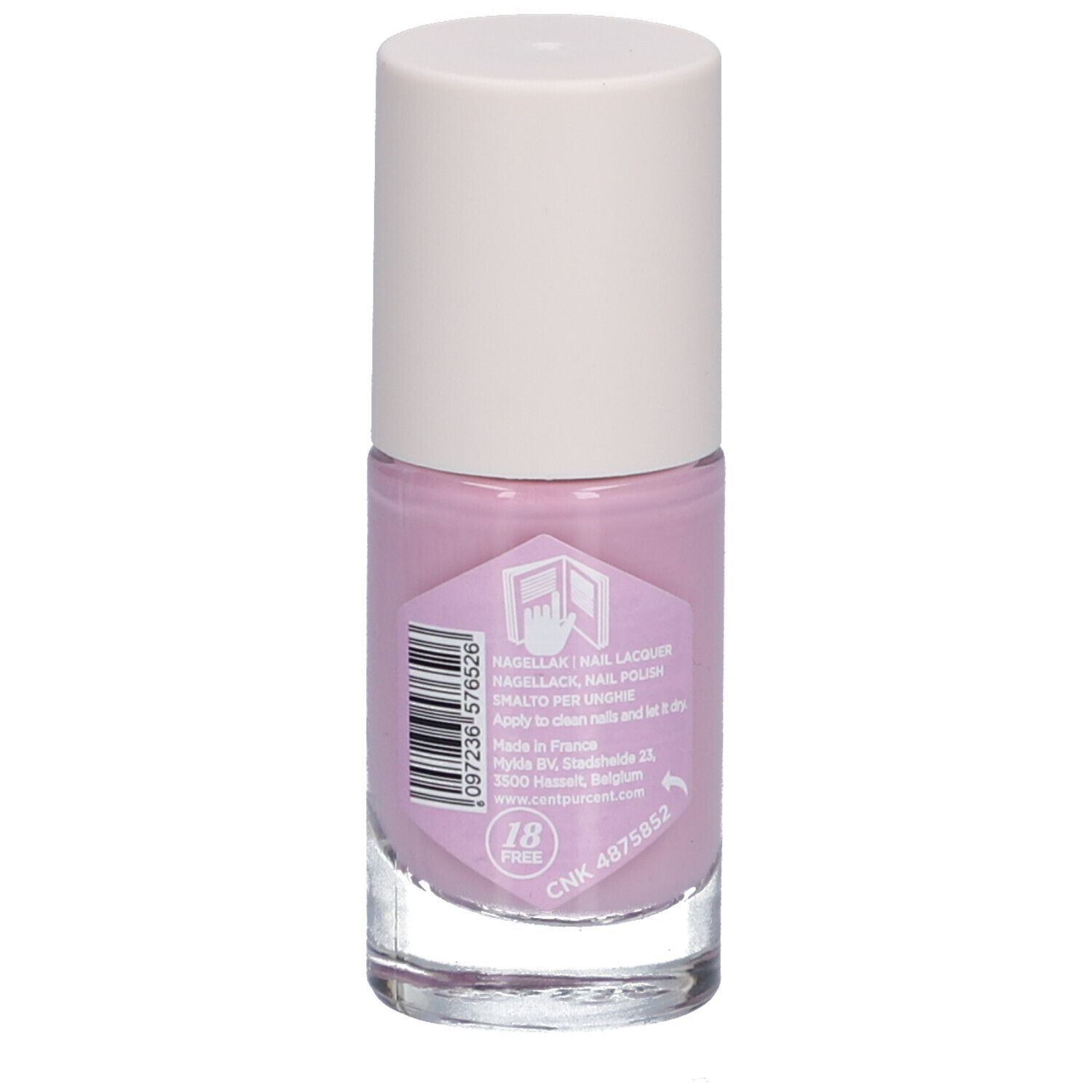 Nagellackflasche, violett. Weißer Deckel, durchsichtige Glasflasche. Etikett mit Text, Barcode und Logo.
