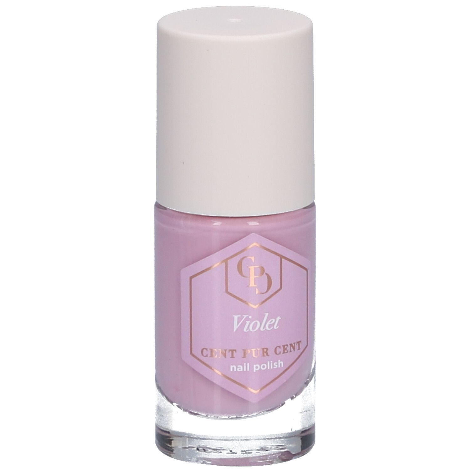 Nagellackflasche, violett. Weißer Deckel, durchsichtige Glasflasche. Aufkleber mit Schriftzug: Violett, Cent Pur Cent, Nagellack.