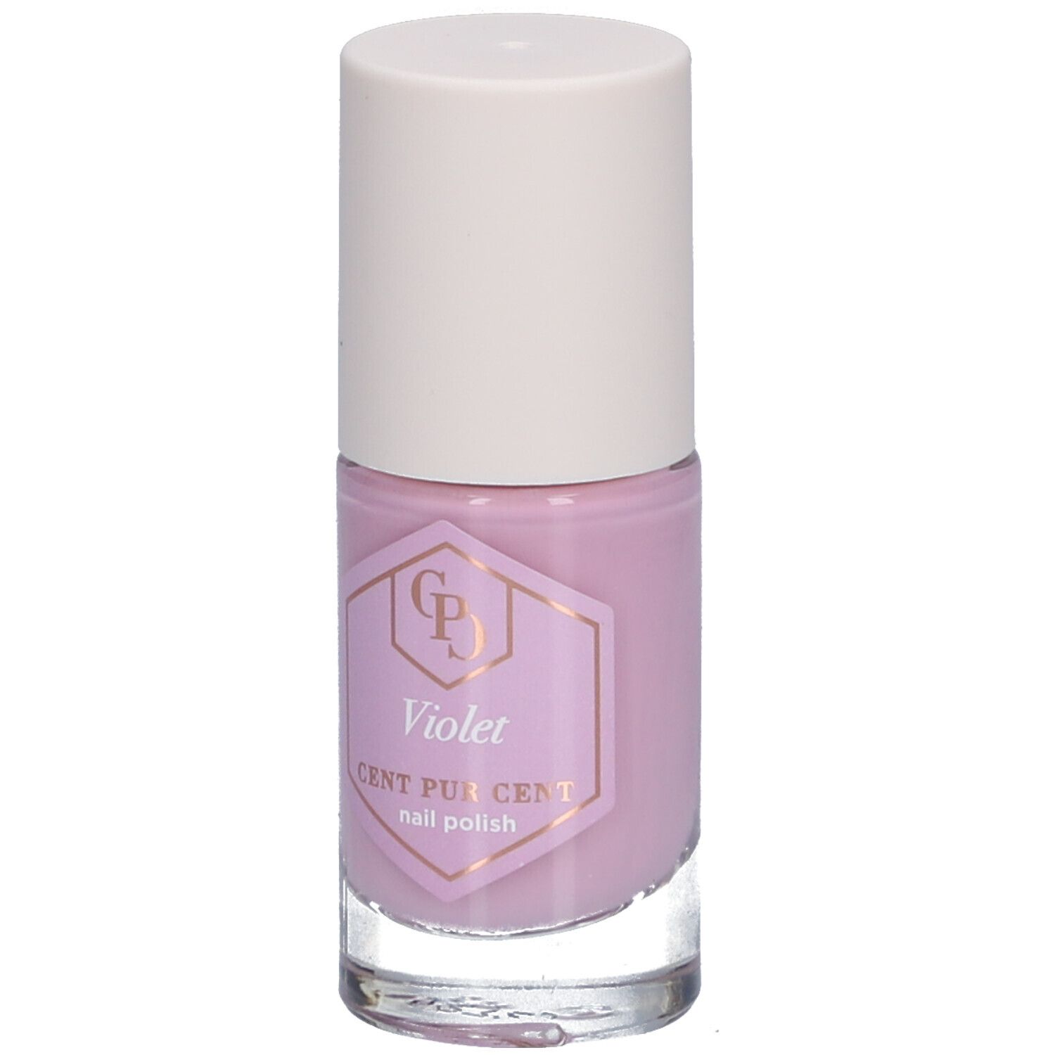 Nagellackflasche, violett. Weißer Deckel, durchsichtige Glasflasche. Aufkleber mit Schriftzug: Violett, Cent Pur Cent, Nagellack.