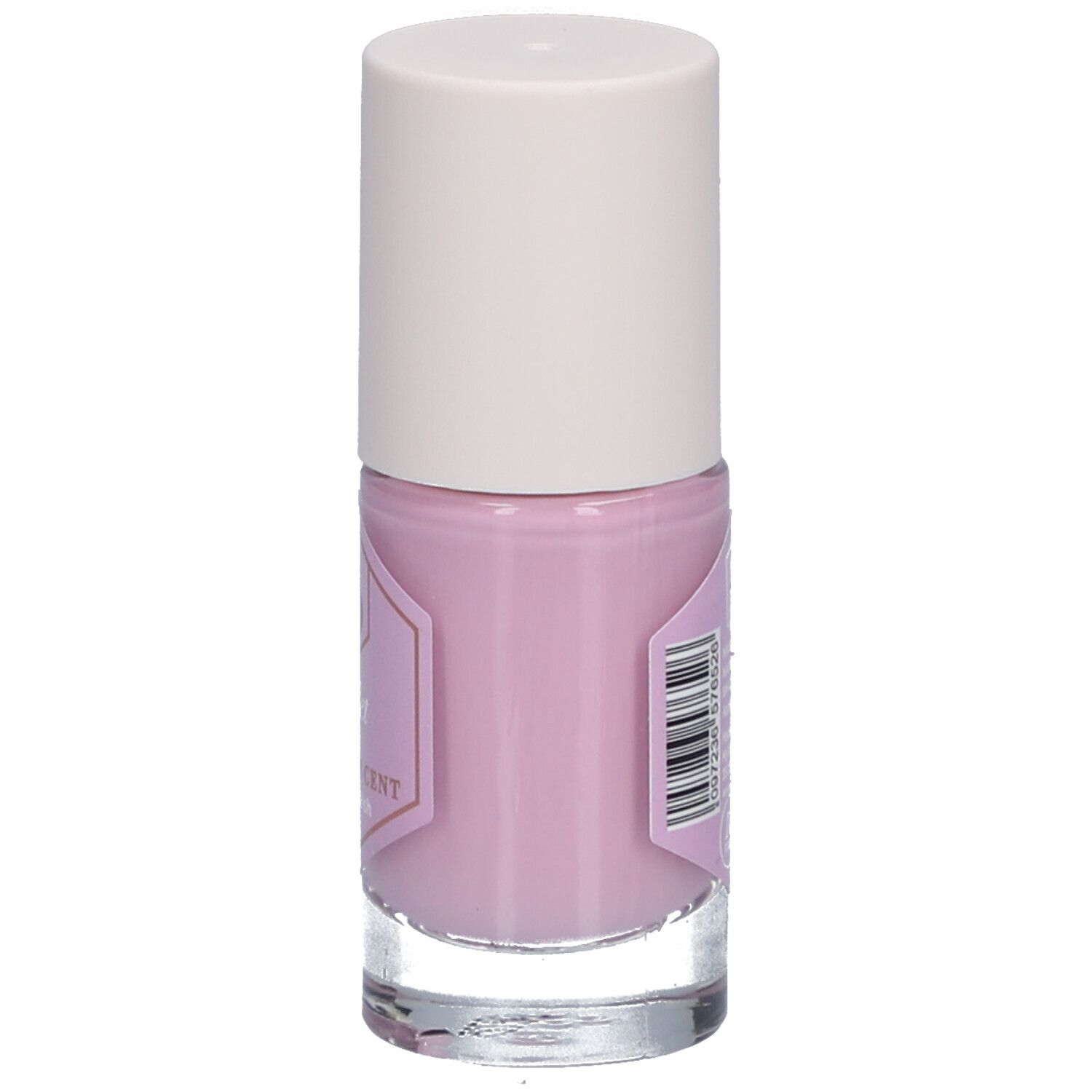 Nagellackflasche, violett. Weißer Deckel, durchsichtige Glasflasche. Etikett mit Text und Barcode.