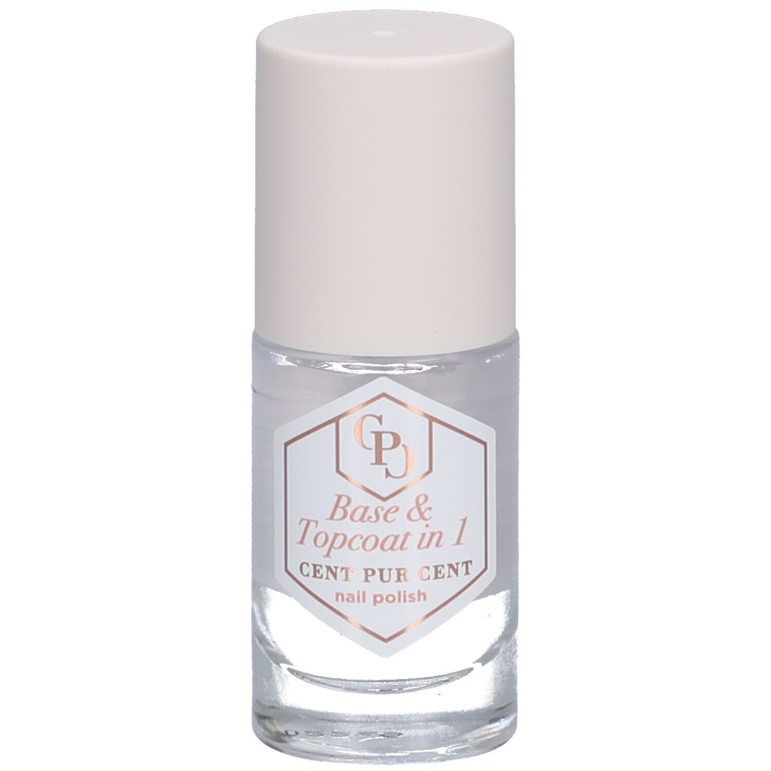 Klare Nagellackflasche mit weißem Deckel. Aufkleber mit "Base & Topcoat in 1" und "CENT PUR CENT".